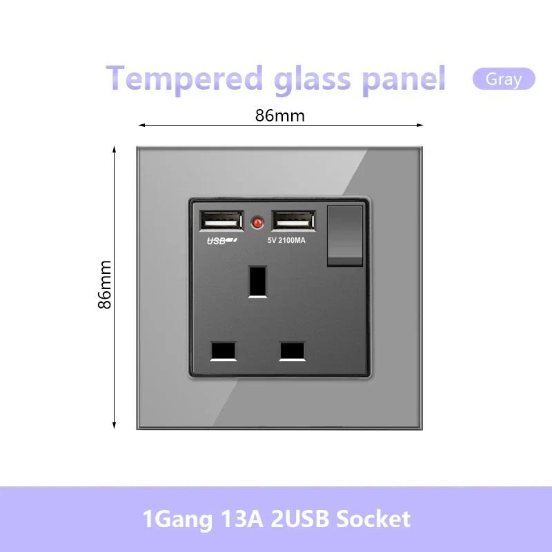 UK 13A 220V Dual Outlet with 18W Type-C Quick Charge,1/2 Way Light Switch Panel, Tempered Glass Surface,Wall Socket for TV/Phone
