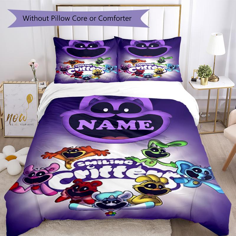 3pcs Custom Name Smiling Critters Bedding Set Duvet Cover Closure Includes 1 Duvet Cover & 2 Pillowcases, Soft and Comfortable for All Seasons.