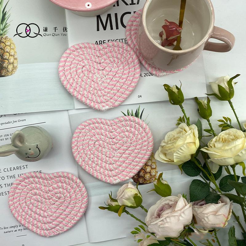 4Pcs Cup Coasters For Drinks Absorbent Woven Coaster Set Farmhouse Cloth Fabric Cup Coasters For Coffee Tea Valentine'S Day Gift