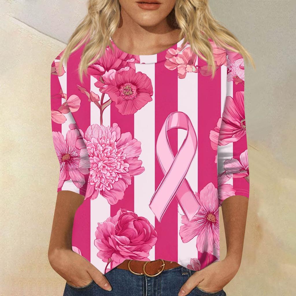 Women's Fashion Casual Seven Split Sleeve Printed Loose Round Neck Top