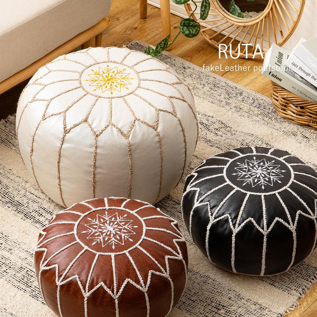 Hagiwara Ruta Pouf Stool Cushion, Brown, Medium, Diameter 40 X 20 Cm, Round, Faux Leather, Moroccan, Instagrammable