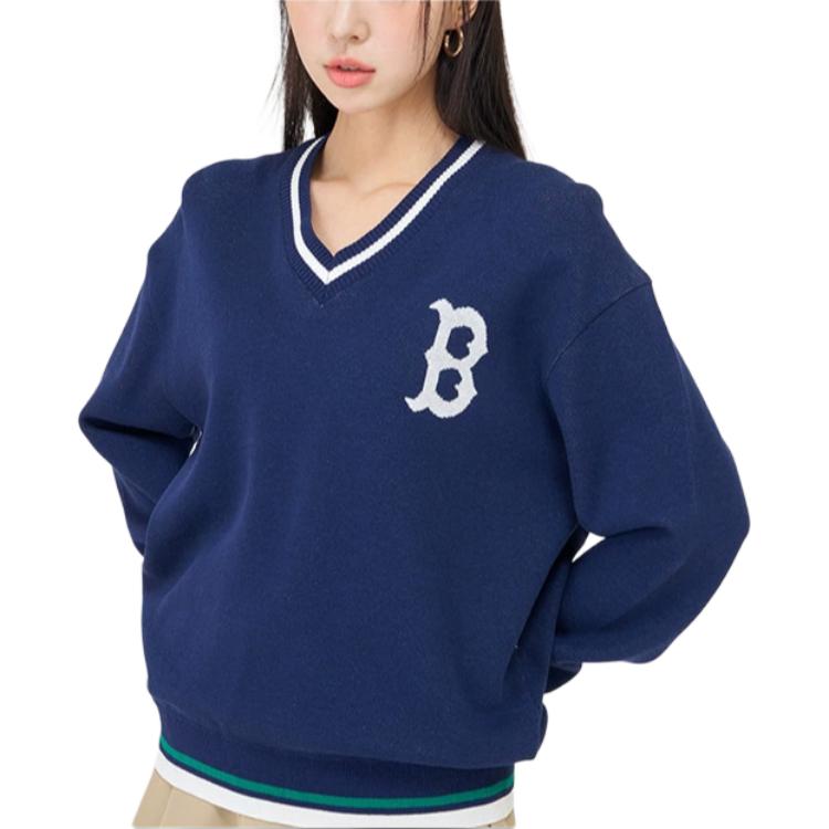 MLB Letter Print V-Neck Long Sleeve Sweater Unisex Sweater Blue 3AKPV0141-43NYS