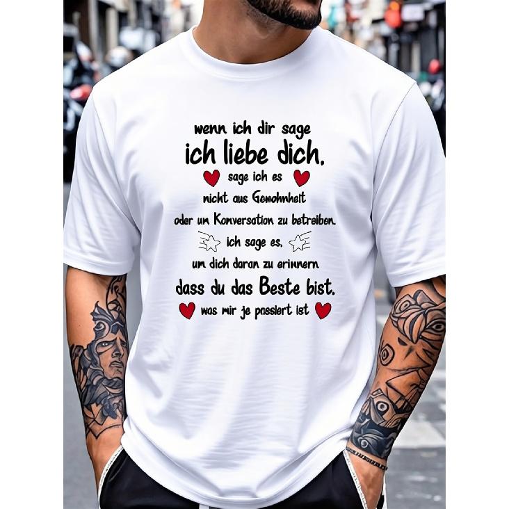 Funny German Quote Men'S T-Shirt | Black Short Sleeve Round Neck Tee With Humorous Saying & Red Hearts, Machine Washable, Regular Fit, Casual,