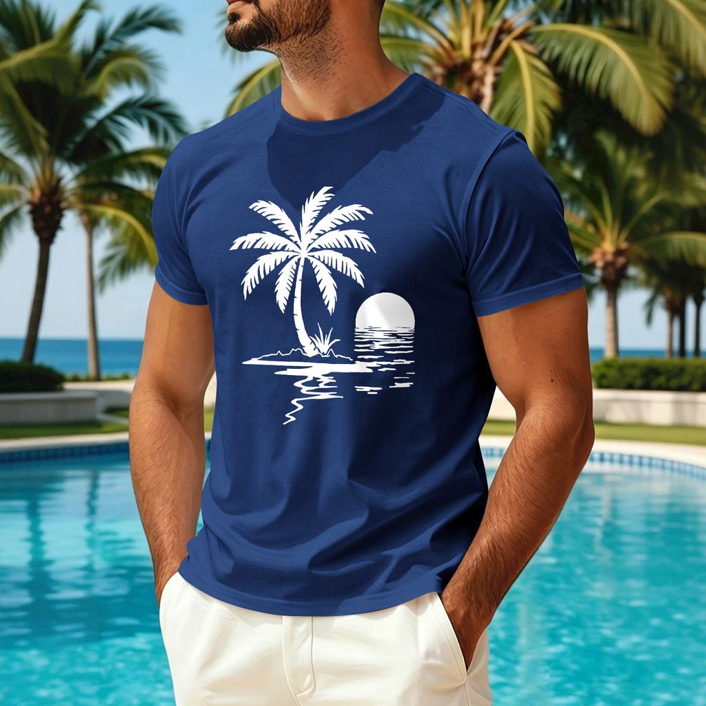 Men's Summer Hawaiian Print Crew Neck Ice Silk Shirt Casual Quick Dry Short Sleeve Sun Protection Top for Outdoor Activities