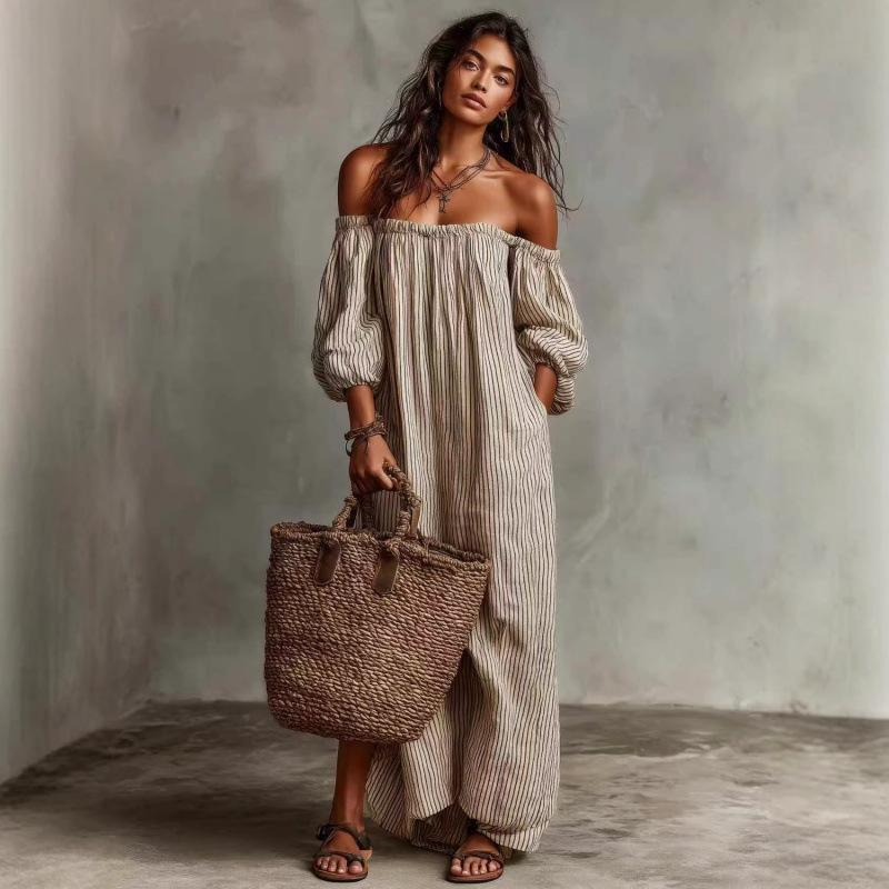 New Bohemian Off-the-shoulder Lantern Sleeves Loose Large Size Cotton and Linen One-word Shoulder Striped Dress