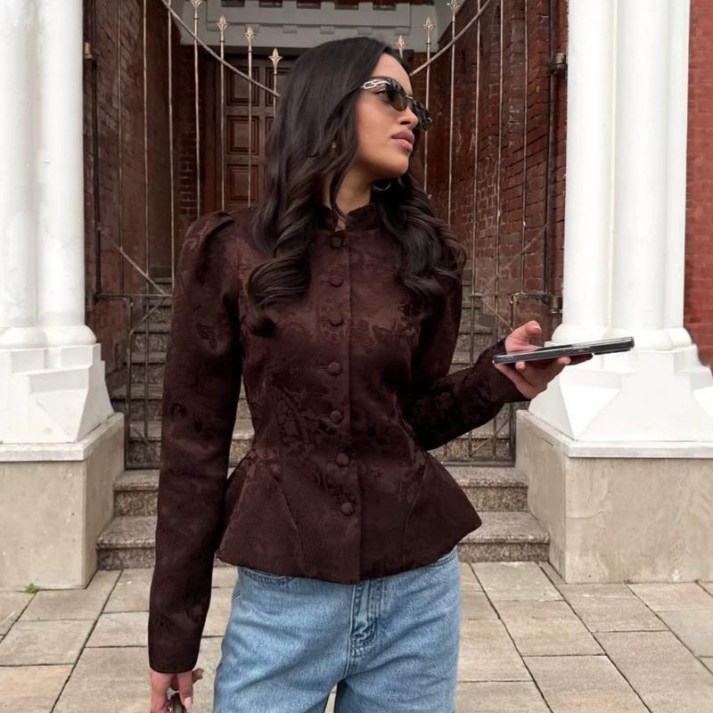 Women New Chinese Style Stand Collar Long Sleeve Waisted Puff Sleeve A Line Outerwear Coat