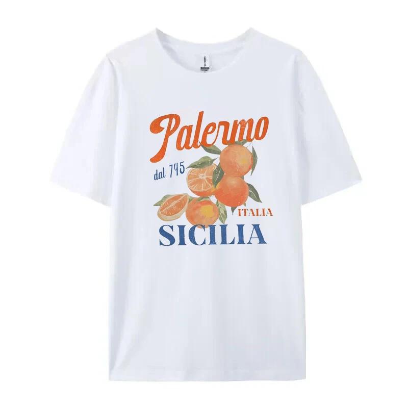 

Palermo Italy Sicilia Print Shirt Vintage Cotton Womens Short Sleeve TShirt Vibrant Orange Citrus Fruit Graphic Top Female Tee S