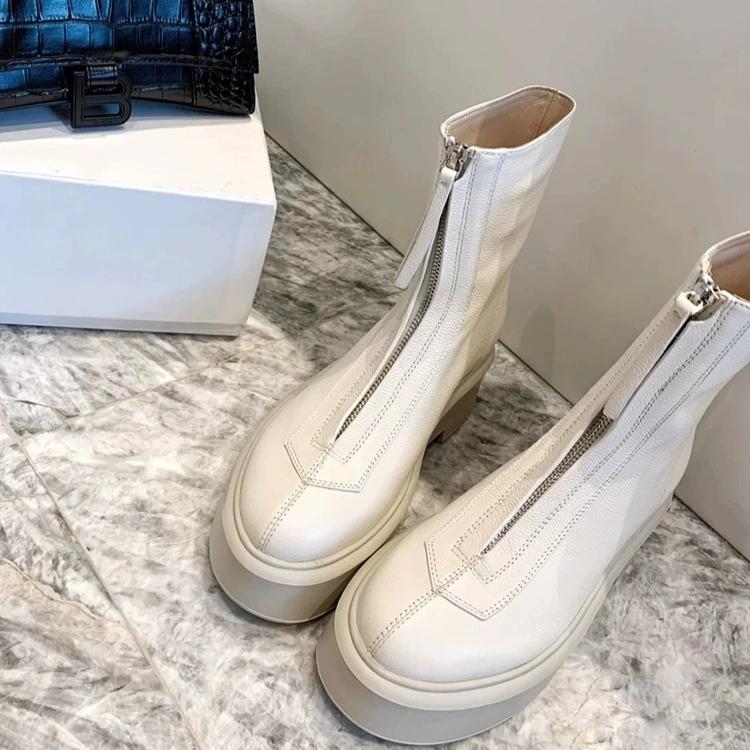 

Round Toe Middle Heels Women Shoes Front Zipper Genuine Leather Platform Ankle Boots British Style Height Increasing Short Boots 40