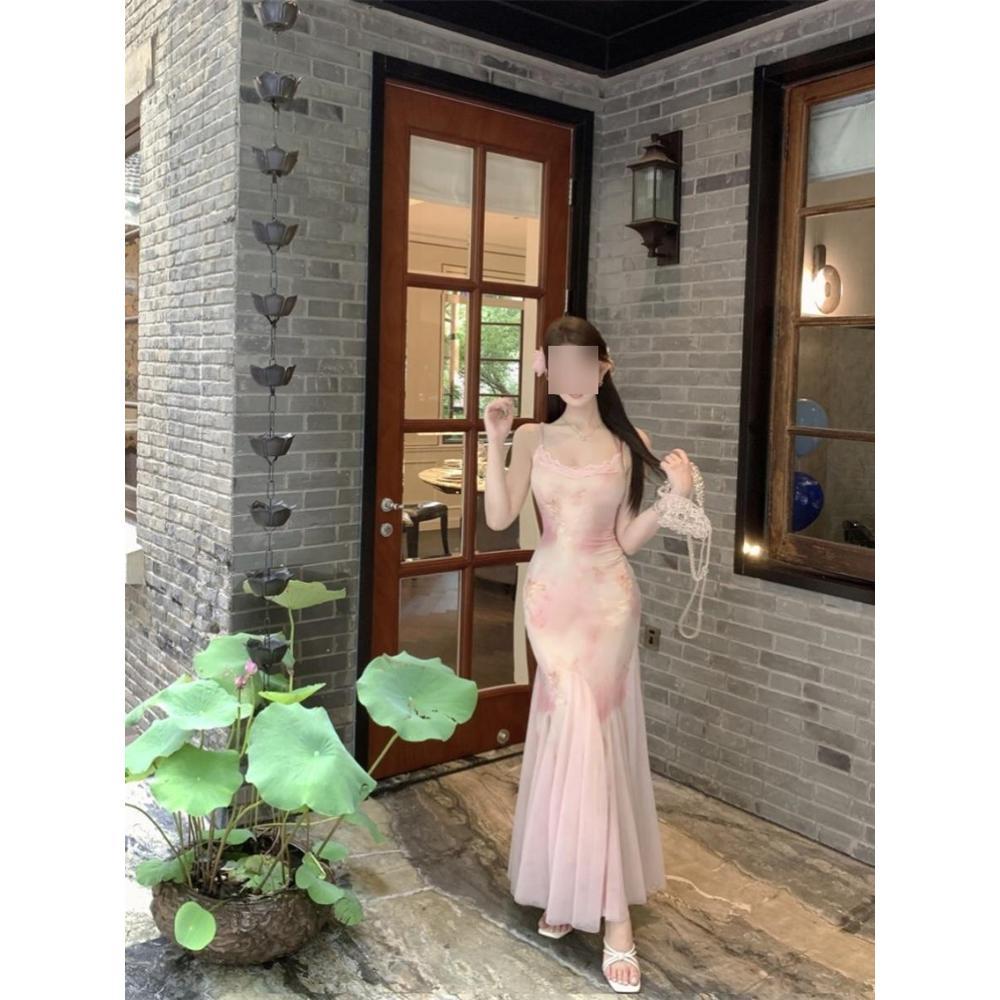American niche chic beautiful holiday floral slim suspender dress temperament thin mesh dress women's summer