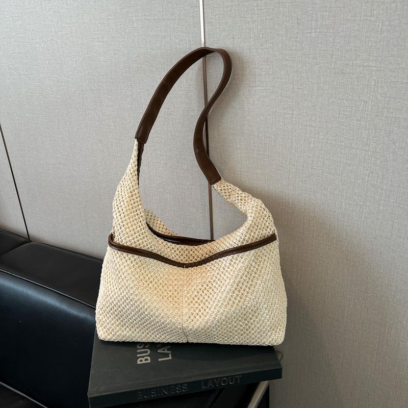 

Summer straw bag women s 2025 new shoulder large-capacity bucket bag hand-woven beach vacation bag білий