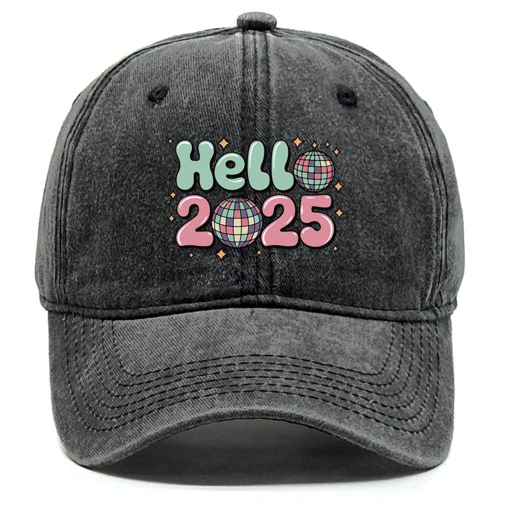 HELLO 2025" Disco Ball Print Snapback Sun Hat, Sports Hat Unisex Trendy Raw Brim Sunshade Adjustable Baseball Hat