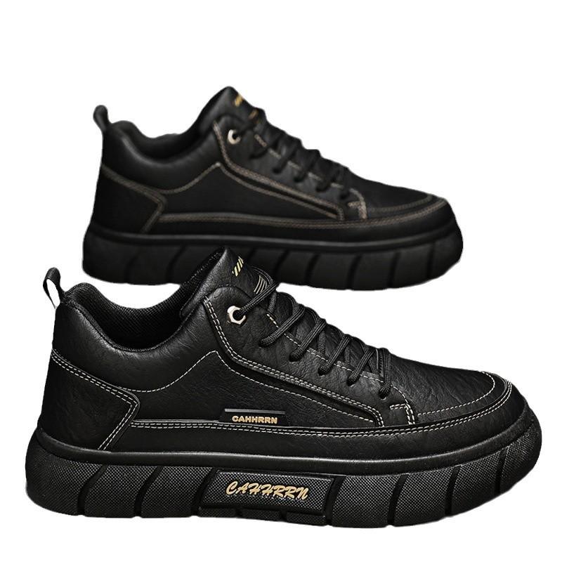 Men's Low Top Casual Sneakers British Style Soft PU Leather Waterproof Anti-Slip Comfortable Soft Sole Work Shoes Black Tactical