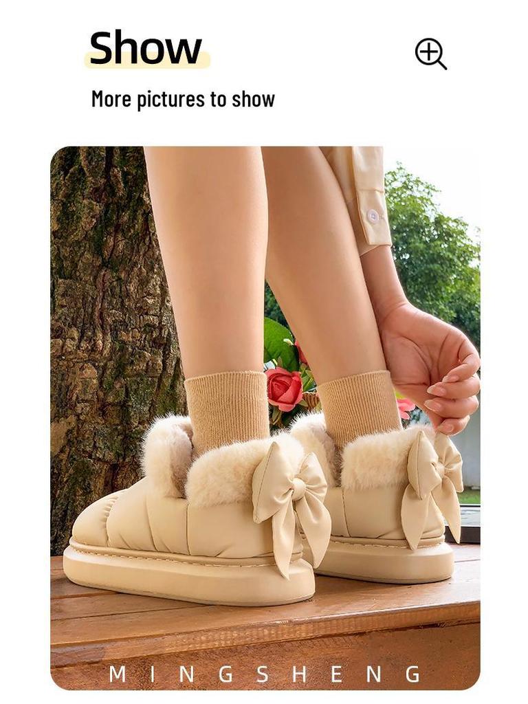 Women's Winter Velvet Bowknot Cotton Slippers with Heel Cover - 2023 Thick Sole, Warm, Girly Style for Outdoor Wear