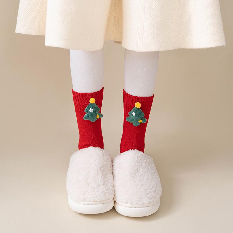 Female Autumn and Winter Hair Circle Christmas Three Dimensional Cartoon Cute Accessories This Year Red Tube Cotton Socks