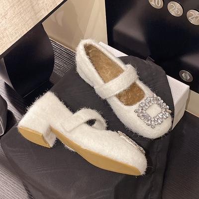 Pantofi Eleganti de Damă cu Vârf Pătrat și Decupaj Jos, Blănoși, Pantofi Individuali de Toamnă, Calzi, Confortabili, Versatili, Pantofi Mary Jane din Pluș, Pantofi din Bumbac