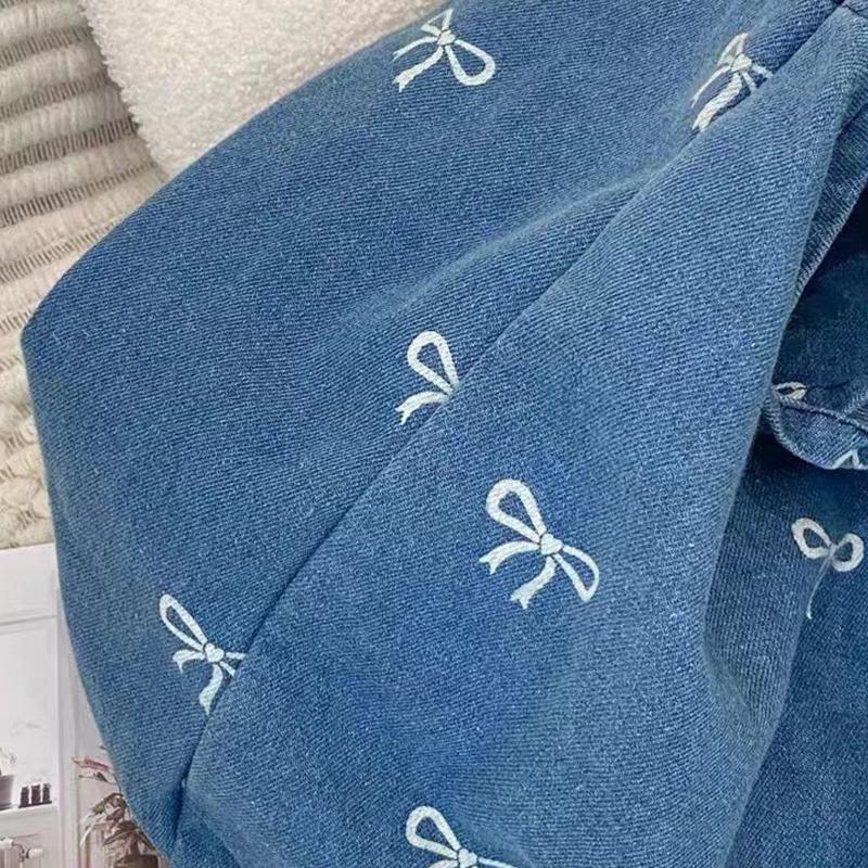 Pure Color Denim Large Capacity Tote Bag Fashion Bow Tie Pattern Shoulder Women's Bag Winter Casual Travel Shopper Handbags ARI