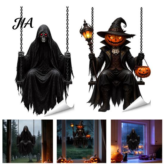 Forniture per Feste Spettrali Halloween Zucca/Scheletro Mietitore Adesivi per Finestra, Decalcomanie Statiche Rimovibili, Pellicola Resistente in PVC Impermeabile Horror