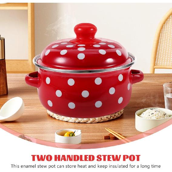 BESTOYARD 1 Quart Enamel Stock Pot with Lid - Double Ear Soup Pot for Simmering, Steaming, and Cooking - Vintage Style Kitchenware for Healthy Meals