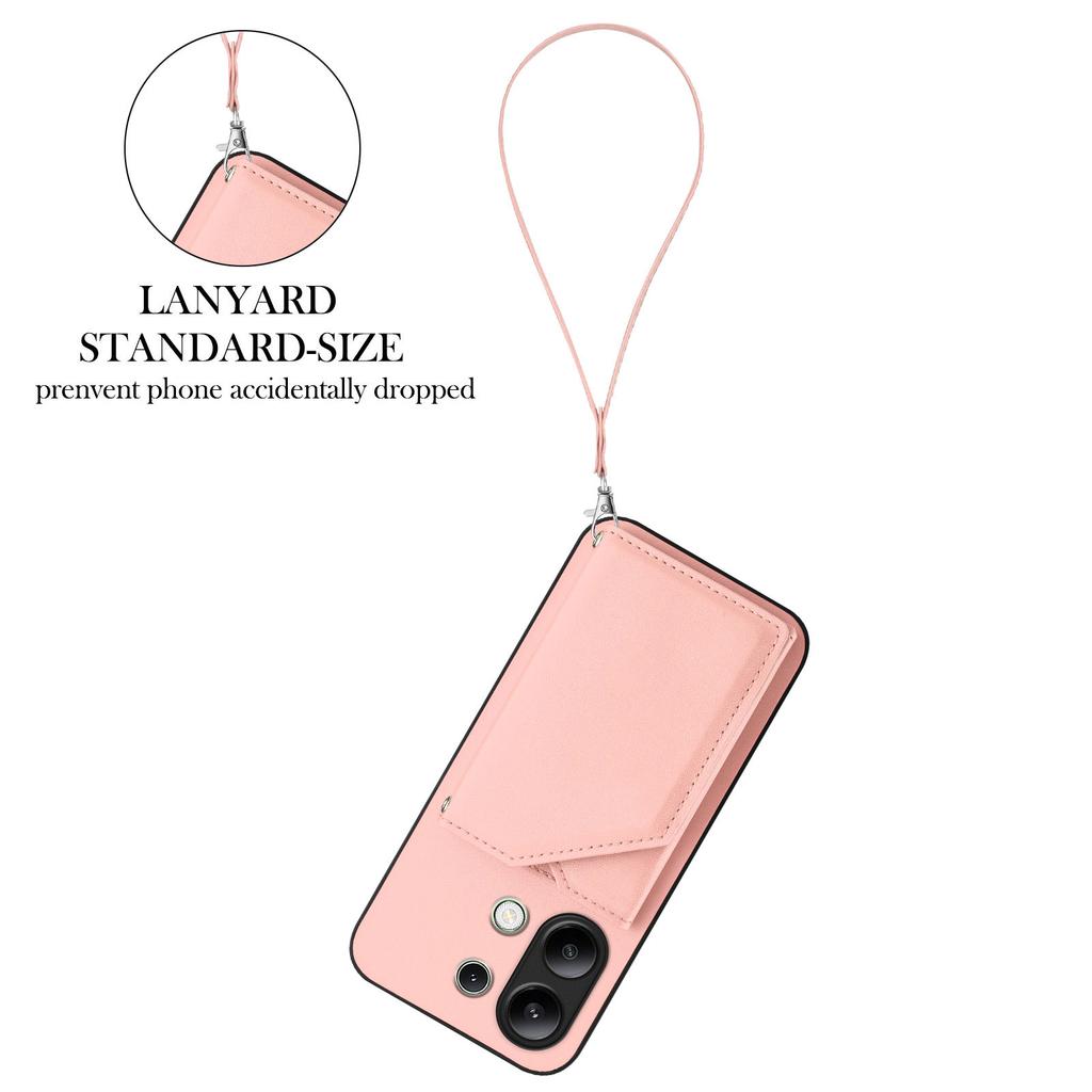 For Xiaomi Redmi Note 13 4G Case Card Holder Kickstand Skin-Touch Phone Cover with Wrist Strap