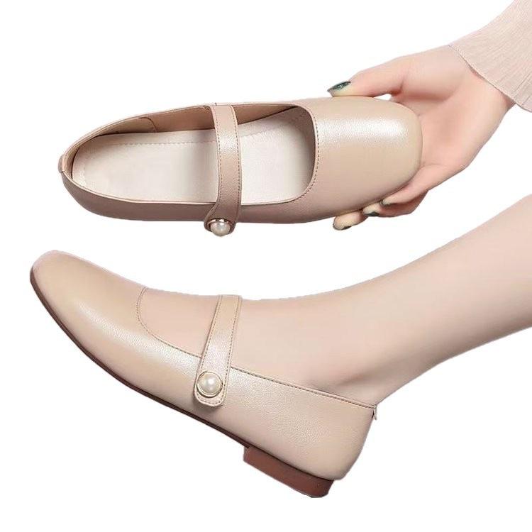 Low Heel Square Head Single Shoes Mary Jane Women's Shoes Light and Comfortable Soft Sole Small Leather Shoes Women's Soft Leather Flat Shoes Shallow