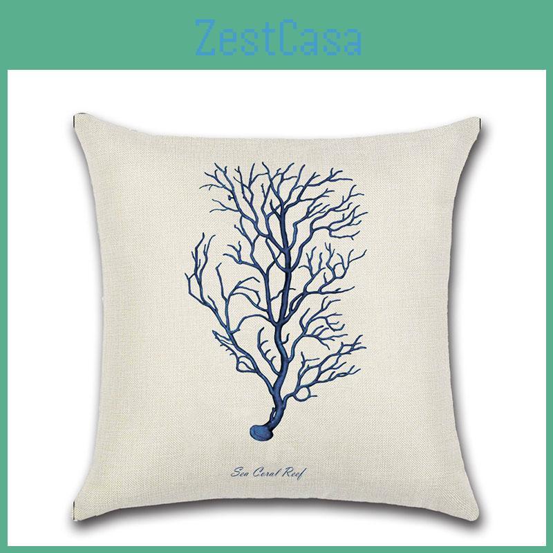 Premium Quality Flax Throw Pillow Case With Marine Organism Patterns For Home Decor