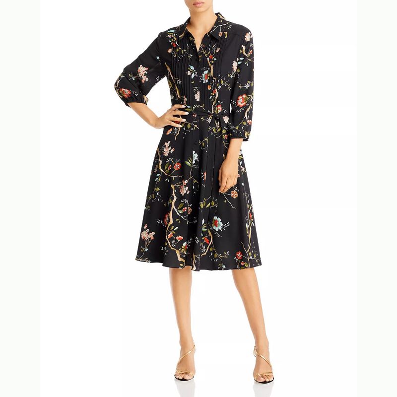 

European Goods Pure Yuan Exquisite Color Belt Print Chiffon 3/4 Sleeve Dress Black 2