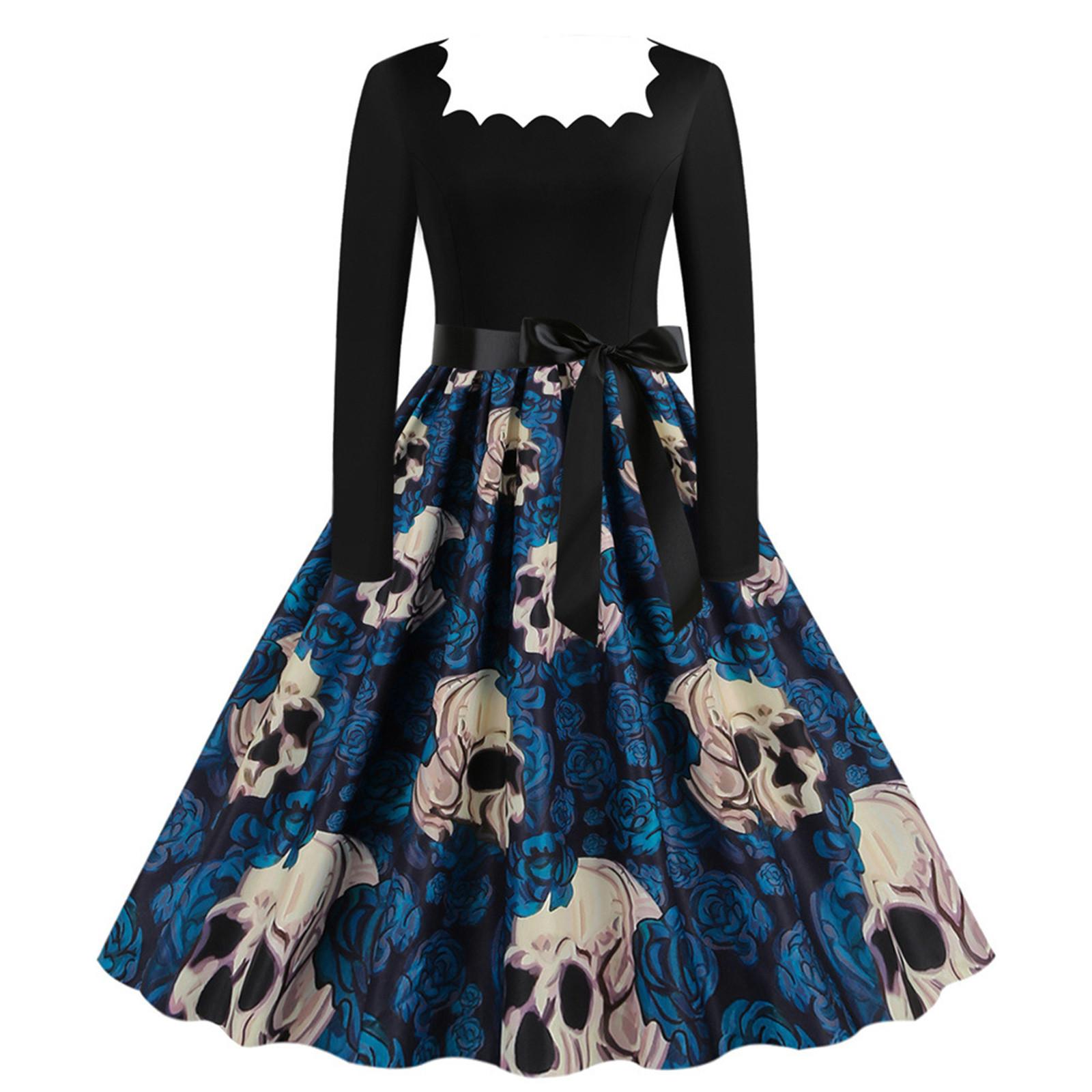 Women s Fashion Print Long Sleeve Square Neck Casual Halloween Hem Dress XXL