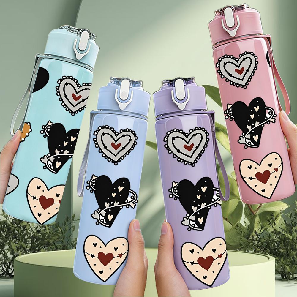 1PC Multi Style Heart Collection 750ml Color Plastic Sports Water Bottle Leakproof Flip Straw Lid Suitable for Sports Office Home Use