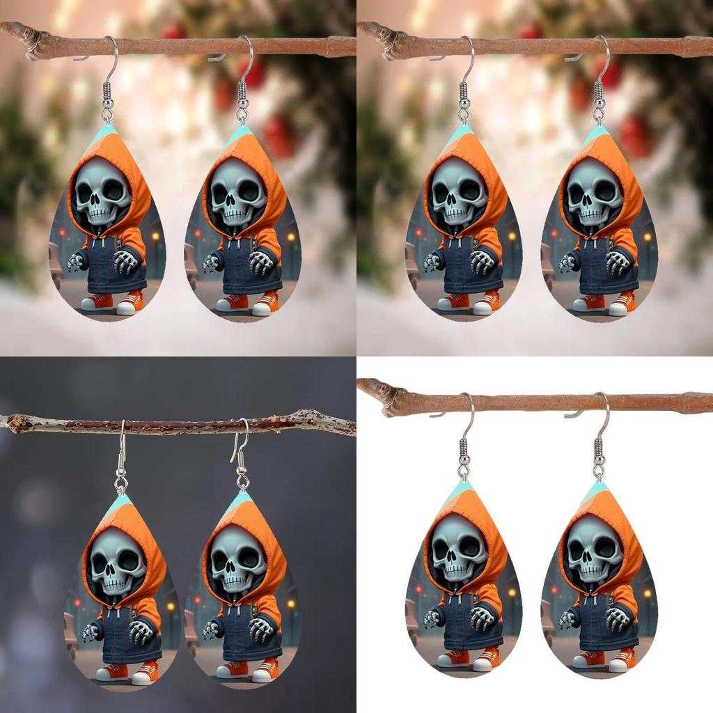 Halloween Themed Hooded Jacket Skull Pattern Droplet Shaped Acrylic Earrings For Trendy Casual Wear
