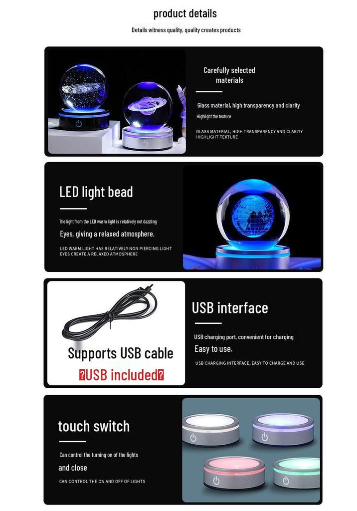 3D Lazer Kazımalı Yıldızlı Gökyüzü Gece Lambası Kristal Küre