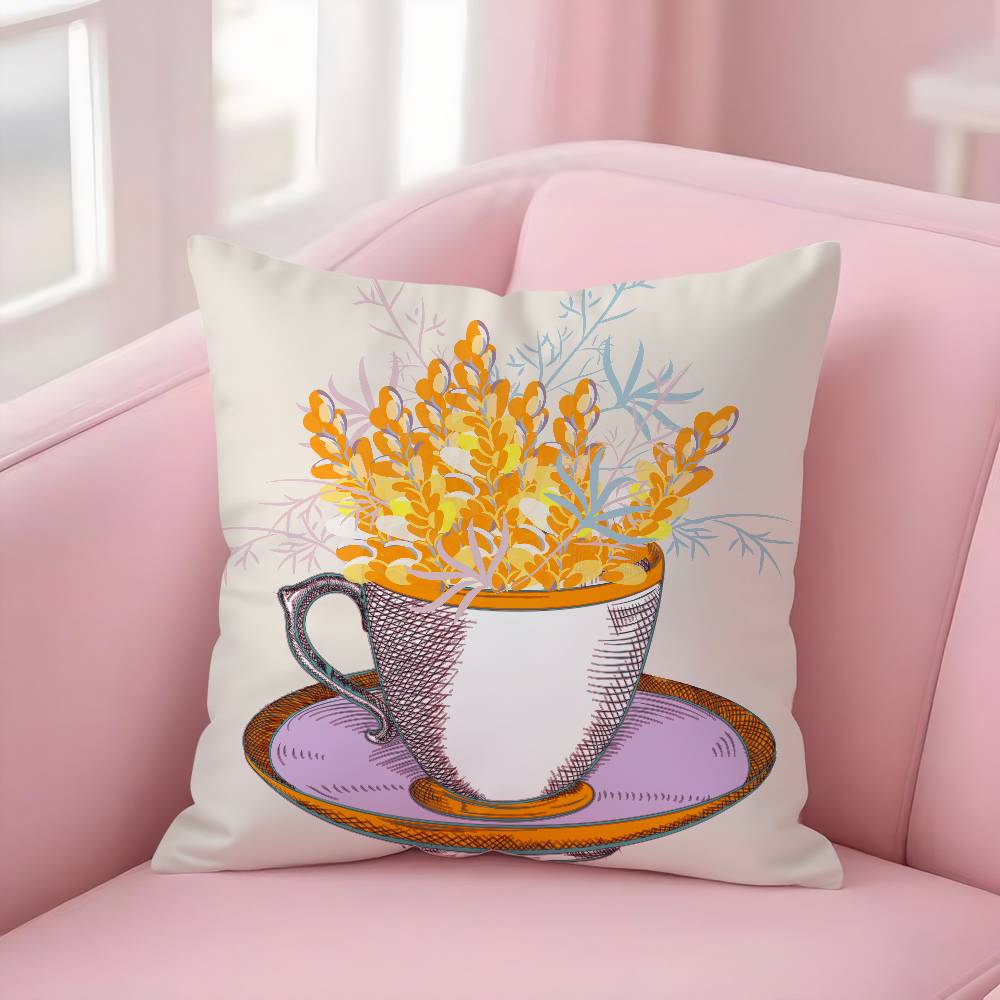 Painting Cup Of Flowers Pillow Case Soft Plush Fabric Double Sided Print Decorative Home Living Room Gift Cushion Cover