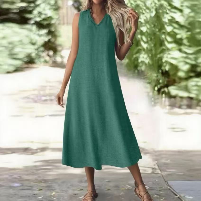 

Summer Dress Women s Sleeveless V-Neck Back Zipper Dress Elegant Long Dress XXL озеро зелений колір