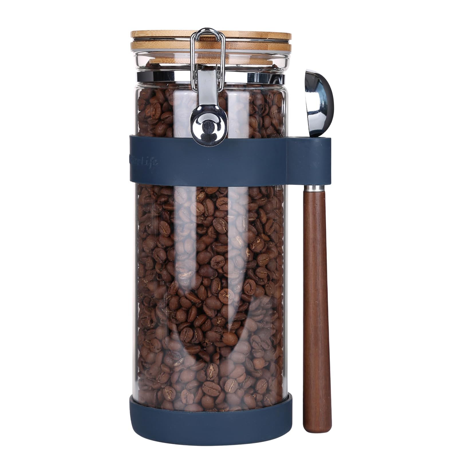 KKC Coffee Bean Storage Canister with Glass Airtight Storage Blue Spoon, Bottle, 1500ml, синий