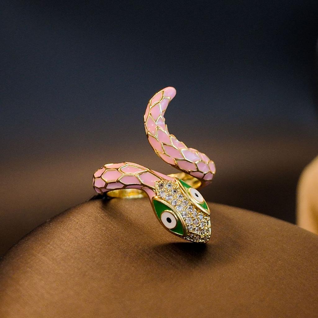 New Arrive Vintage Copper Inlaid Zircon Pink Enamel Relief Coiled Snake Statement Ring  M201