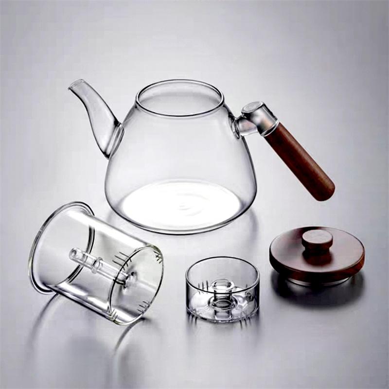 High Borosilicate Glass Teapot With Walnut Handle Cooking and Steaming Dual Purpose Linner Infuser Glass Tea Pot Tea Kettle