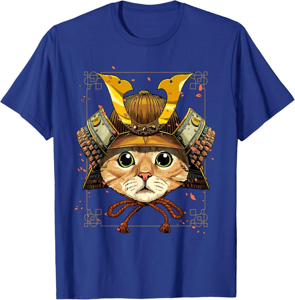 Samurai Cat Warrior Japanese Ronin Graphic Tee Breathable Casual Cotton T-Shirt for Men