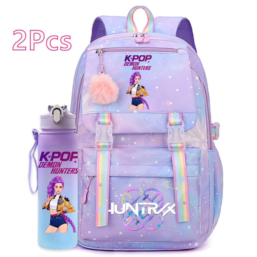 2 st/set Söt Anime Kpop Tryckt Ryggsäck 750 ml Vattenflaska Stor Kapacitet Resväska för Tonårsflicka Pojke Bokväska Barnpresent Rucksak