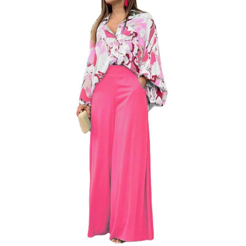 Casual Two Piece Sets Women Loose Casual Print Shirts Top Wide Leg Pants Two-piece Set