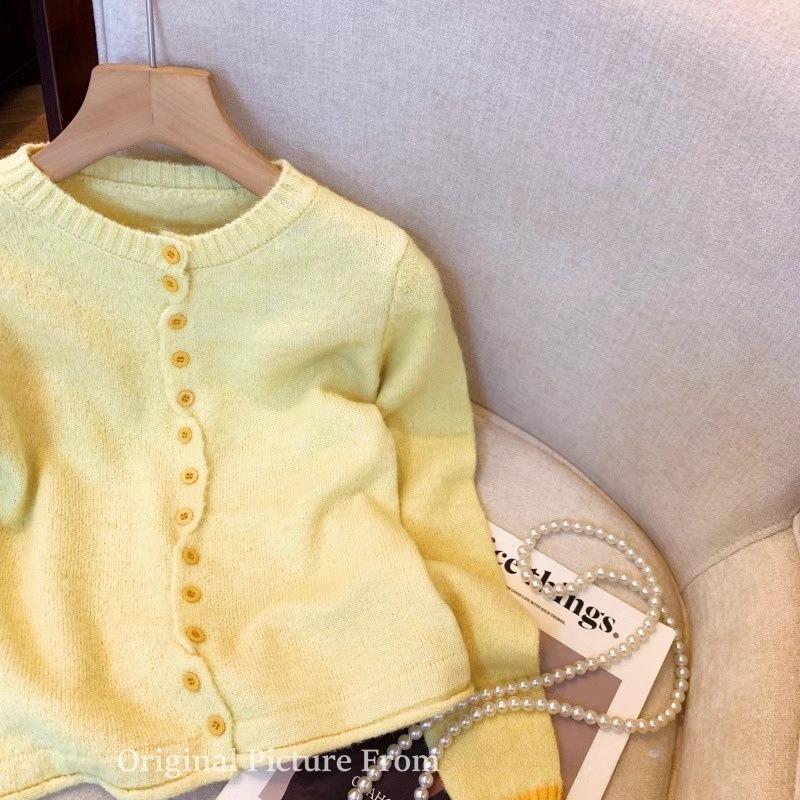 Spring Dopamine Yellow Splicing Knitted Cardigan Women's Gentle Soft Waxy Sweet Sweater with Bottom Top