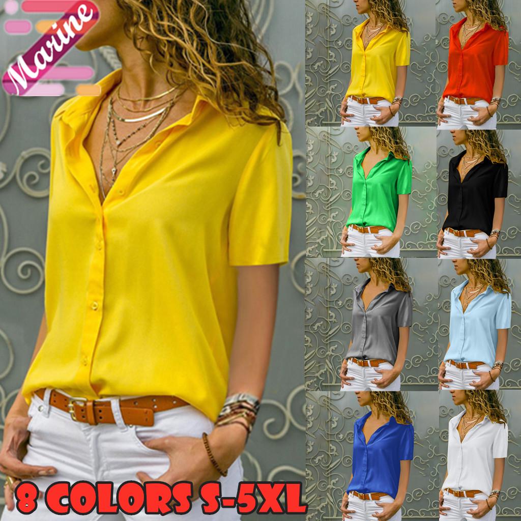 

Womens Мода Chiffon Твердые Футболка Офис Дамы простой короткий рукав Топ