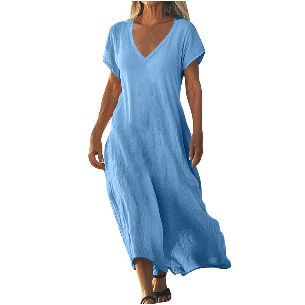 QICED Fashion Summer Spring Solid Color Print Short Sleeve V-Neck Casual Dresses