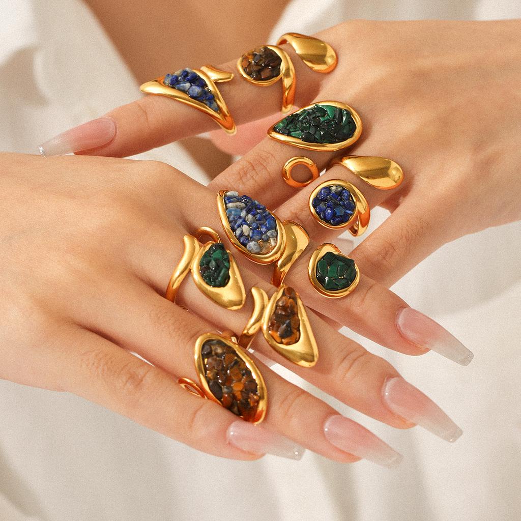 Three Kinds Of Stainless Steel Rings Geometric Shape Gold Plated Broken Pattern Lapis Lazuli Ring Finger Decoration Accessories