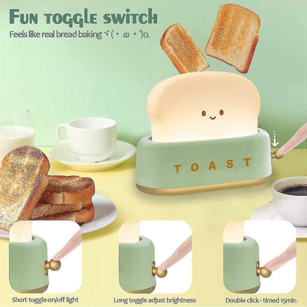 Toast Bread Led Night Lamp, Cute Desk Decor Toaster Light Rechargeable With Timer, Creative Design Portable Bedroom Bedside , Green/dd