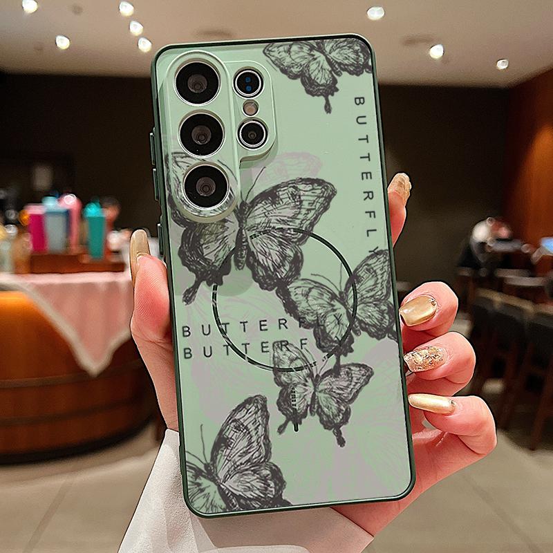 Magnetic For Magsafe Case For Samsung Galaxy S26 Ultra S25 Edge S24 Plus S23 FE S22 A54 A55 A56 5G Retro Butterfly Print Matte Cover