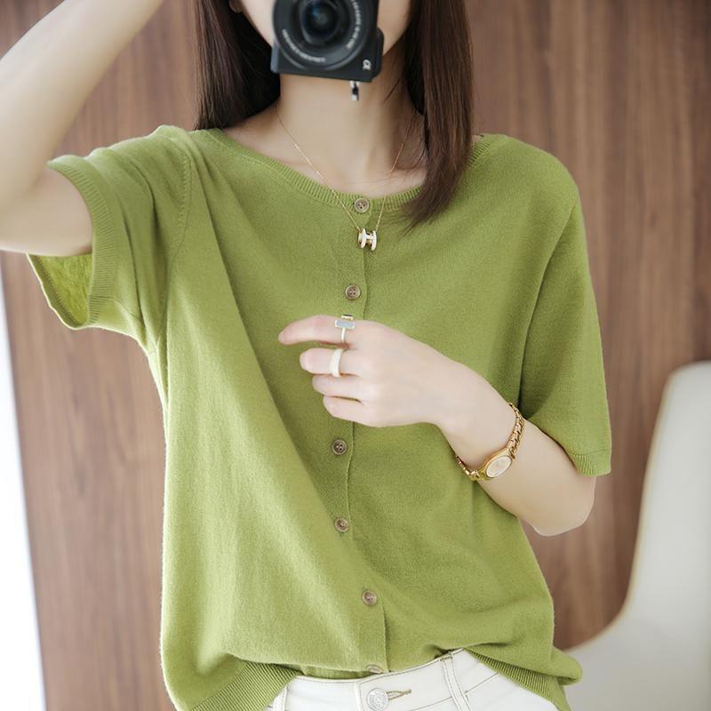 green round neck asymmetrical button short sleeve knit top for women onesize зелёный