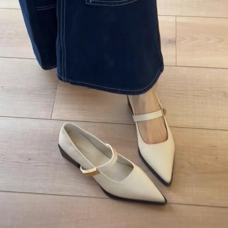 Soft Leather Version~ One-pedal Pointed Thick Heel Mary Jane Shoes Light Mouth One Word with French Commuter Light Mouth Temperament Single Shoes