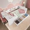 Low Bed, Wooden Bed, 90x200cm, with Desk, Equipped with 2 Drawers, Single Bed(Without Mattress), with Shelves, Pine+Chipboard, white
