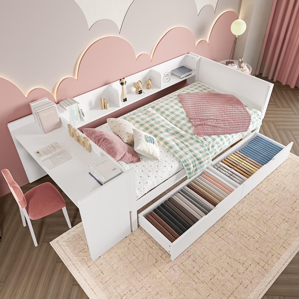 Low Bed, Wooden Bed, 90x200cm, with Desk, Equipped with 2 Drawers, Single Bed(Without Mattress), with Shelves, Pine+Chipboard, white