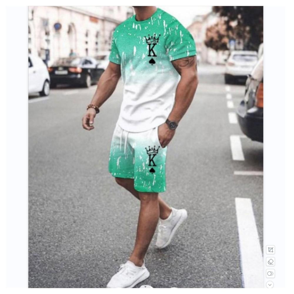 Summer Casual Men's Adult Set 3D Printed Pattern Men's Short-Sleeved T-shirt Set Gradient Cool Casual Sports Shorts two-Piece