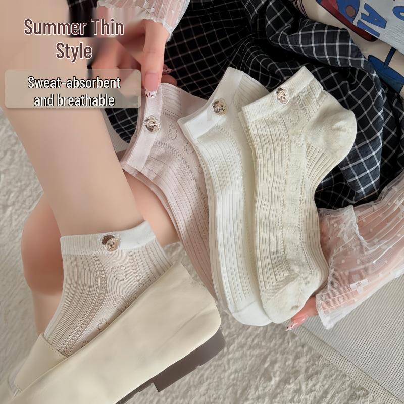 Spring/Summer 2026 Women s Seamless Mesh Cotton Socks with Cute Cartoon Bear Embroidery One Size